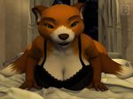  2015 3d anthro bed bedroom big_breasts blx24 bra breasts brown_fur canine cleavage clothed clothing female fox fur green_eyes green_nose hi_res inside lips looking_at_viewer mammal multiple_tails nails orange_fur smile solo underwear white_fur 
