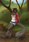  anthro clothed clothing f-r95 facial_piercing feline female hair leopard lip_piercing looking_at_viewer mammal piercing sitting snakebite_piercing solo water 