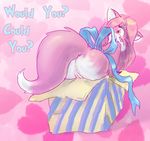  &lt;3 abstract_background afoxinabox anus bow butt canine female fox fox_in_a_box fur gift hair looking_at_viewer looking_back mammal one_eye_closed pink_fur pink_hair presenting presenting_hindquarters pussy rear_view ribbons solo text wink 