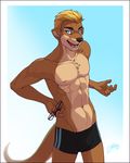  blonde_hair blue_eyes brown_fur bulge chest_tuft clothed clothing eyewear facial_piercing feralise fur glasses hair half-dressed male mammal mustelid otter piercing solo topless tuft 