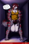  2015 anthro balls big_balls bottomless canine chest_tuft claws clothed clothing daigo daigo_(character) dialogue english_text fur grey_fur hair half-closed_eyes half-dressed hi_res huge_balls hyper hyper_balls looking_at_viewer male mammal penis red_eyes red_hair shirt solo stripes text toe_claws tuft wolf 