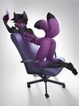  2015 anthro black_fur black_hair breasts butt canine chair collar female fox fur gloves_(marking) hair harness looking_at_viewer magic mammal markings nipples purple_eyes purple_fur smile socks_(marking) solo tailband yulliandress 