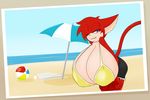 angelthecatgirl anthro beach beach_ball big_breasts bikini blue_eyes border breasts cat cleavage clothed clothing feline female fur huge_breasts hyper hyper_breasts mammal one_eye_closed outside red_fur seaside solo swimsuit towel umbrella 