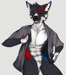  angiewolf anthro blue_eyes bottomless canine clothed clothing fur half-dressed invalid_color male mammal open_shirt partially_clothed red_eyes shadowthedemon sheath shirt solo standing wolf 
