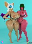  2015 3d anthro areola bat big_breasts bikini blue_eyes breast_grab breasts cleavage clothed clothing duo erect_nipples eyes_closed female green_hair green_lips hair huge_breasts human kneeling looking_at_viewer mammal navel nipples pink_skin rouge_the_bat smile sonic_(series) supertito swimsuit thick_thighs thong wings 