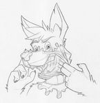 2014 agent_(artist) anthro canine claws collar finger_in_mouth fur greyscale hair looking_at_viewer male mammal monochrome open_mouth pencil_(artwork) rubber sketch solo teeth traditional_media_(artwork) transformation 