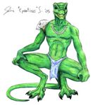  2005 3_toes abs anthro claws clothed clothing crouching epantiras front_view green_scales half-dressed hand_on_knee lizard loincloth necklace pecs reptile scales scalie sharp_claws simple_background skull solo toe_claws toes toned topless white_background 