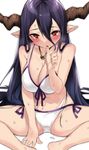  bad_id bad_twitter_id bikini breasts danua draph finger_in_mouth front-tie_bikini front-tie_top granblue_fantasy hair_between_eyes large_breasts long_hair pointy_ears purple_hair pyz_(cath_x_tech) red_eyes sitting solo swimsuit wet 