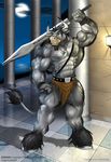  abs anthro belt biceps big_muscles black_fur blue_eyes bovine braford cattle clothed clothing facial_hair fur grey_body grey_fur grey_hair grey_nipples hair half-dressed hooves huge_muscles loincloth looking_at_viewer male mammal melee_weapon minotaur muscular necklace nipples pecs smile solo sword teeth topless vein weapon 