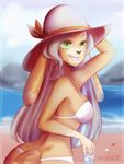  2015 beach beverage big_ears bikini breasts clothed clothing female food green_eyes hair hat lagomorph long_hair looking_at_viewer looking_back mammal moxaji open_mouth outside rabbit rear_view sea seaside solo standing swimsuit water 