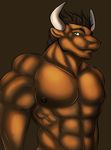  2015 abs anthro biceps big_muscles bovine brown_background brown_fur brown_hair brown_theme bust_portrait cattle feran_blackridge fur green_eyes hair horn looking_at_viewer male mammal muscular nipples pecs silver_shadowheart simple_background smile smirk solo white_sclera 