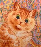  :&lt; abstract_background ambiguous_gender brown_nose cat colored_pencil_(artwork) colorful ears_up feline fluffy front_view fur inner_ear_fluff license_info looking_at_viewer louis_wain mammal orange_fur public_domain semi-anthro solo traditional_media_(artwork) whiskers yellow_eyes 