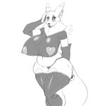  2015 anthro areola big_breasts big_butt black_sclera breasts butt camel_toe chubby clothing digimon ear_piercing erect_nipples female fishnet fur hand_behind_back hand_on_head heart_nipples huge_breasts legwear monochrome navel neck_tuft nipples piercing plankboy renamon simple_background smile stockings thick_thighs thigh_highs thong tuft white_background 