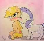  2015 applejack_(mlp) blonde_hair blush captainpudgemuffin cute duo earth_pony equine female feral freckles friendship_is_magic fur green_eyes hair hi_res horn horse looking_at_viewer mammal my_little_pony orange_fur pony raised_eyebrow rarity_(mlp) sitting traditional_media_(artwork) unicorn watercolor_(artwork) 