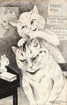  ambiguous_gender book cat detailed_background drawing duo english_text feline hand_on_head license_info louis_wain mammal pen_(artwork) phrenology public_domain sculpture semi-anthro signature sitting smirk standing table text traditional_media_(artwork) whiskers 