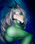  1girl animal_ears artist_request ass bare_shoulders blue_eyes blush breasts cleavage curly_hair fox_ears hinaasagi huge_ass huge_breasts japanese_clothes kimono leaf long_hair looking_at_viewer lying oboro_muramasa on_side parted_lips shiny shiny_clothes shiny_skin silver_hair solo vanillaware very_long_hair yuzuruha 
