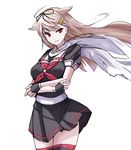  aegis_(nerocc) breasts brown_hair fingerless_gloves gloves hair_flaps hair_ornament hair_ribbon kantai_collection large_breasts long_hair looking_at_viewer red_eyes remodel_(kantai_collection) ribbon scarf simple_background skirt smile solo white_background yuudachi_(kantai_collection) 