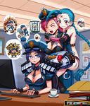  5girls :3 ahoge artist_name bandages bare_shoulders bespectacled between_breasts blue_eyes blue_hair braid breast_tattoo breasts caitlyn_(league_of_legends) chan_qi_(fireworkhouse) cleavage closed_eyes computer cuffs cupcake dated emilia_leblanc food gauntlets glasses handcuffs highres huge_ahoge jinx_(league_of_legends) large_breasts league_of_legends lee_sin long_hair multiple_girls necktie necktie_between_breasts officer_caitlyn officer_vi pink_hair police police_uniform policewoman poppy red_eyes shoulder_massage smile tattoo uniform very_long_hair vi_(league_of_legends) 
