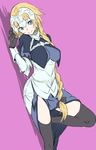  armor blonde_hair blue_eyes bow braid chain fate/apocrypha fate_(series) gloves jeanne_d'arc_(fate) jeanne_d'arc_(fate)_(all) long_hair single_braid smile solo standing standing_on_one_leg thighhighs utu_(ldnsft) zettai_ryouiki 