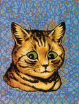  abstract_background ambiguous_gender black_stripes brown_fur cat colorful disembodied_head feline front_view fur green_eyes license_info louis_wain mammal painting_(artwork) public_domain signature solo striped_fur stripes traditional_media_(artwork) whiskers yellow_fur 