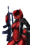  2015 anthro areola breasts camel_toe clothing d-lowell equine famas fan_character female gun hair horse jacket looking_at_viewer mammal my_little_pony navel nipples open_jacket panties pony ranged_weapon red_eyes red_hair rifle simple_background smile solo thong underwear weapon white_background 