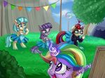  2015 blue_eyes cheerleader clothed clothing coco_pommel_(mlp) equine eyewear female friendship_is_magic glasses glowing green_eyes group hair half-dressed horn horse levitation magic mammal maud_pie_(mlp) moondancer_(mlp) multicolored_hair my_little_pony open_mouth outside pom_poms pony purple_eyes rainbow_hair skirt sweater thediscorded topless twilight_sparkle_(mlp) unicorn winged_unicorn wings 