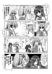  &gt;_&lt; :d ahoge anger_vein closed_eyes comic commentary flying_sweatdrops greyscale hair_ornament hair_over_one_eye hair_ribbon hayashimo_(kantai_collection) kantai_collection kiryuu_makoto kiyoshimo_(kantai_collection) long_hair low_twintails monochrome multiple_girls neck_ribbon open_mouth pout ribbon running shiranui_(kantai_collection) short_hair smile translated twintails very_long_hair vest 