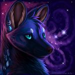  2013 abstract_background african_wild_dog ambiguous_gender blue_fur brown_fur canine cyan_eyes ear_piercing feral fur galaxy headshot_portrait inner_ear_fluff long_mouth looking_up mammal markings neck_tuft night no_sclera outside piercing portrait purple_nose purple_theme saruki sky snout solo space star starry_sky tuft van_(saruki) white_fur white_spots 