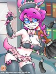  4_fingers anthro blue_eyes bow breasts camel_toe cleavage clothed clothing eeveelution eyewear feather_duster female fingerless_gloves fur glasses gloves hair legwear maid maid_uniform navel nintendo pcaduck peppermint_swirl pink_fur pink_hair pok&eacute;mon short_skirt skimpy smile solo stockings sylveon video_games white_fur 