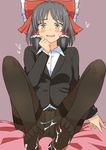  alternate_costume bed_sheet black_hair blush bow bow_panties clenched_hand contemporary cookie_(touhou) dress_shirt feet formal hair_bow hair_tubes hakurei_reimu hand_on_own_chin heart implied_footjob long_sleeves meis_(terameisu) no_pants office_lady open_mouth panties panties_under_pantyhose pantyhose purple_background sananana sexually_suggestive shirt short_hair smile solo suggestive_fluid suit touhou underwear yellow_eyes 