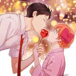  1girl artist_name bad_id bad_twitter_id braid brown_hair candy_apple closed_eyes food gekkan_shoujo_nozaki-kun hair_ribbon holding_hands japanese_clothes kimono leaning_forward licking mery_(apfl0515) necktie nozaki_umetarou orange_hair profile red_ribbon ribbon sakura_chiyo shared_food sharing_food tongue tongue_out yukata 