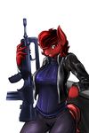  2015 anthro clothing d-lowell equine famas fan_character female gun hair horse mammal my_little_pony pony portrait ranged_weapon red_eyes red_hair rifle simple_background solo weapon white_background 