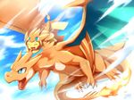  charizard_(cosplay) closed_eyes cosplay fire gen_1_pokemon highres ivan_(ffxazq) mega_charizard_y no_humans open_mouth pikachu pokemon pokemon_(creature) 