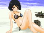  arm_support barefoot beach bikini black_eyes black_hair blush day girls_und_panzer ground_vehicle leaning_back light_tank looking_at_viewer m24_chaffee matsui_yasutsugu military military_vehicle motor_vehicle navel outdoors sand short_hair side-tie_bikini sitting solo swimsuit tank utsugi_yuuki water 