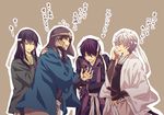  black_hair brown_hair gintama headband katana katsura_kotarou kiichi_go long_hair male_focus multiple_boys purple_hair sakamoto_tatsuma sakata_gintoki short_hair simple_background smile sword takasugi_shinsuke translation_request weapon white_hair 