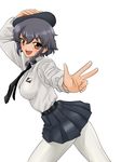  belt blush breasts brown_eyes girls_und_panzer grey_hair hand_on_headwear hand_up hat large_breasts matsui_yasutsugu necktie outstretched_arm pantyhose pepperoni_(girls_und_panzer) skirt smile solo uniform white_legwear 