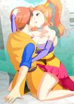  1girl bandana breasts chiaki_yotsuba cleavage dragon_quest dragon_quest_viii eye_contact french_kiss hero_(dq8) highres jessica_albert kiss looking_at_another orange_hair sitting sitting_on_lap sitting_on_person twintails 