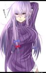  alternate_costume arm_up bespectacled border bow glasses hair_bow hair_ornament highres lavender_hair long_hair long_sleeves onineko-chan open_mouth patchouli_knowledge purple-framed_eyewear purple_eyes purple_hair simple_background solo sweater text_focus touhou translation_request turtleneck twitter_username white_background 