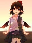  black_hair black_wings gradient gradient_background hat highres looking_at_viewer loose_clothes notebook nuqura open_mouth pointy_ears puffy_sleeves red_eyes shameimaru_aya shirt short_hair short_sleeves sitting skirt smile solo tokin_hat touhou wings 