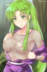  bad_id bad_pixiv_id blush breasts chainmail cleavage collarbone dress ganbare_goemon green_eyes green_hair kanden_suki large_breasts long_hair nipples open_clothes open_dress purple_dress see-through solo very_long_hair yae_(ganbare_goemon) 