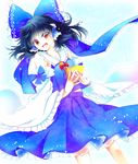 :d alternate_color ascot black_hair blue_bow blue_skirt bow detached_sleeves fingers_together frilled_sleeves frills hair_bow hair_tubes hakurei_reimu half_updo muzuki_uruu open_mouth player_2 red_eyes see-through short_hair skirt skirt_set smile solo touhou white_sleeves wide_sleeves 