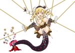  1girl blonde_hair breasts charlotte_(madoka_magica) drill_hair drooling fingerless_gloves gloves hiero large_breasts magical_girl mahou_shoujo_madoka_magica monster nipples open_mouth rape restrained skirt spread_legs suspension tomoe_mami twintails vaginal 