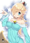  :o bare_shoulders blonde_hair blue_eyes blush breasts chiko_(mario) collarbone crown dress earrings hair_over_one_eye jewelry large_breasts long_hair mario_(series) rosetta_(mario) solo super_mario_bros. super_mario_galaxy yappen 
