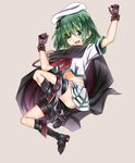  boots cape eyepatch gloves green_eyes green_hair hat jumping kantai_collection kiso_(kantai_collection) midriff navel okina_ika open_mouth remodel_(kantai_collection) school_uniform short_hair smile solo 