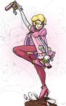  bayonetta bayonetta_(cosplay) blonde_hair glasses gloves goomba gun high_heels lips princess_peach super_mario_bros. weapon 