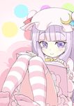  anda_inmu blush book capelet convenient_leg crescent gradient gradient_background hat kneehighs lavender_hair legs_up long_hair long_sleeves looking_at_viewer mob_cap open_book patchouli_knowledge purple_eyes sitting smile solo striped striped_legwear thighhighs touhou 