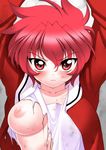  arms_up blush breast_slip breasts dirty dirty_clothes dirty_face glaring magic_knight_rayearth medium_breasts nipples one_breast_out red_hair sakura_ryuuken school_uniform serafuku shidou_hikaru short_hair solo torn_clothes 