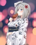  blue_eyes breasts cowboy_shot flower food food_in_mouth fox_mask from_side hair_flower hair_ornament hair_over_one_eye hairclip hamakaze_(kantai_collection) highres ikayaki japanese_clothes kantai_collection kimono large_breasts maosame mask mask_on_head obi sash short_hair silver_hair solo squid yukata 