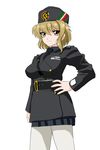  belt blonde_hair girls_und_panzer glaring hand_on_hip matsui_yasutsugu original pantyhose short_hair solo uniform white_legwear yellow_eyes 