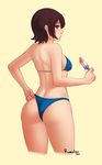  adjusting_clothes adjusting_swimsuit ass bikini blue_bikini brown_hair cropped_legs food from_behind highres looking_at_viewer original popsicle purple_eyes razalor short_hair simple_background solo swimsuit yellow_background 